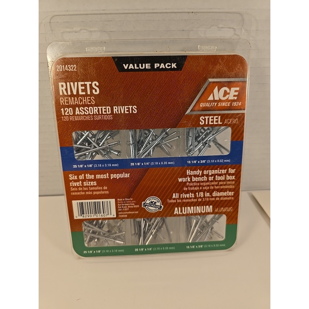 Ace 2014322, 1/8 in. Dia. x‎ 1/8 in. Aluminum, Steel Assorted Rivets 120 pk. FS